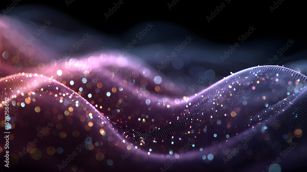 Poster digital purple particles wave and light abstract background with shining dots stars. futuristic wave