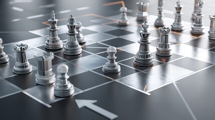 チェス盤上のシルバーの駒 | Silver chess pieces on a chessboard