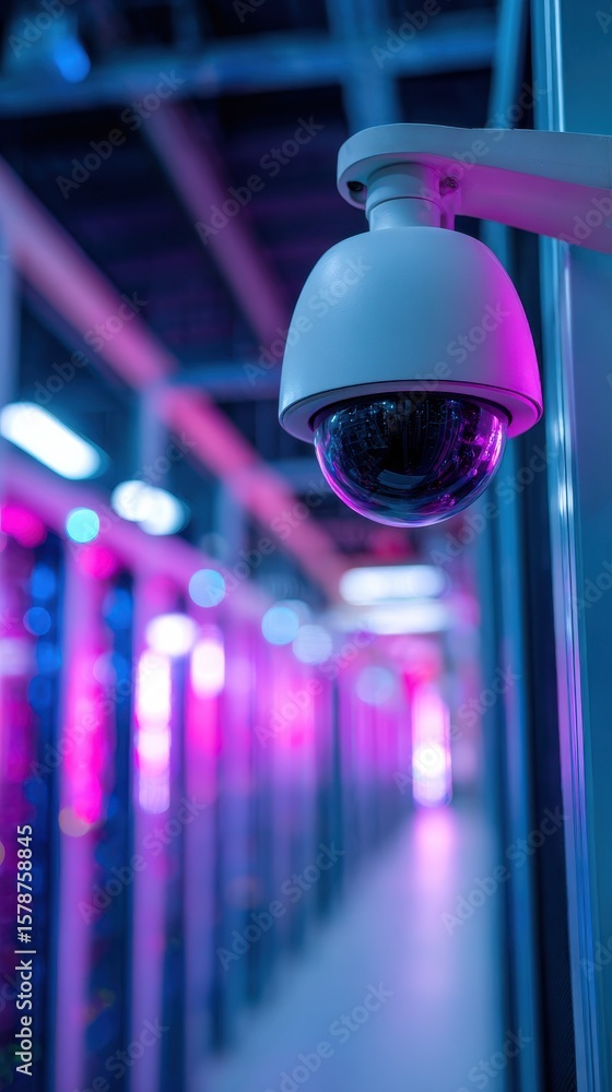 Aufkleber modern security camera in high-tech data center with colorful lighting and blurred background