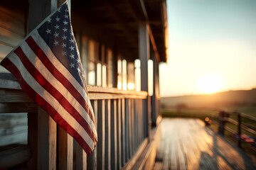 Old House with American Flag at Sunset in Rural Landscape