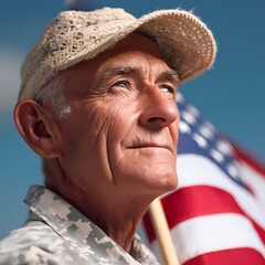 Proud Elderly Veteran Holding Flag Against Clear Blue Sky