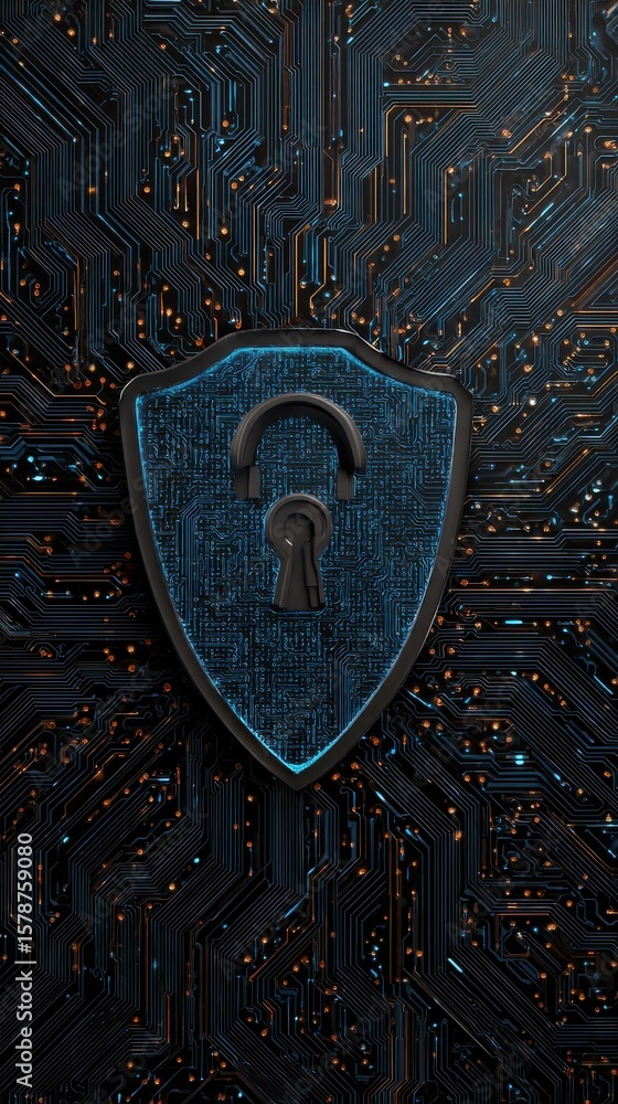 Poster digital security concept shield with open lock on circuit board background in blue and black tones