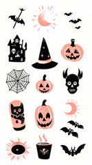 Cute Halloween illustrations, icon pack in pink and black