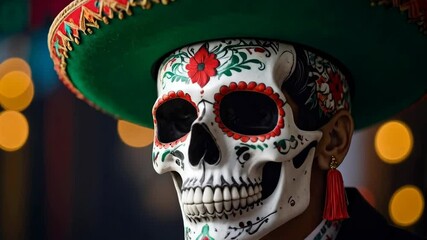 Elegantly dressed figure in Day of the Dead inspired sugar skull makeup and sombrero poses dramatically - Powered by Adobe