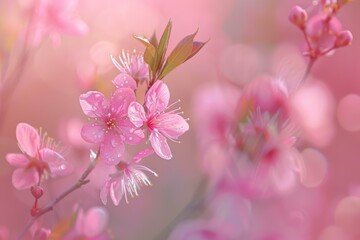 Pink flowers blooming on a branch with water drops on their petals against a blurred background