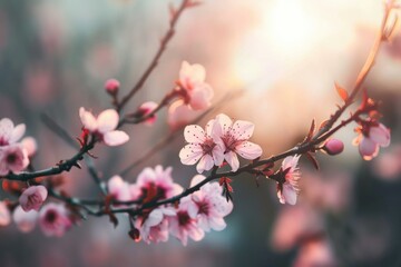 Pink flowers blooming on a branch during a golden hour sunset, creating a beautiful and serene scene