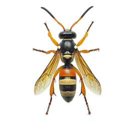 A large yellow and black striped bee with a black head