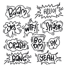 Collection of black and white comic speech bubbles with handwritten words like boom, crash, splash, hello, and yes. Perfect for comics, pop art, or playful design.