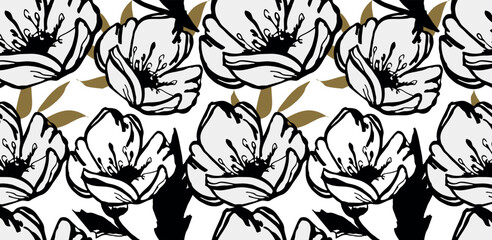 Fototapeta premium Elegant seamless vector pattern featuring hand-drawn black and white poppy flowers with gold leaves. Perfect for textile, wallpaper, and surface design. 