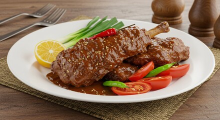 A plate of ribs covered in sauce with lemon wedges and tomatoes on a wooden surface presentation