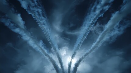 Dramatic Sky with Smoke Trails from Aircraft in Blue Atmosphere