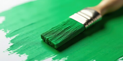 Fototapeta premium Emerald green paint on a worn paintbrush, bristles laden , texture, creative