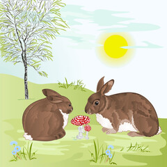 Rabbits and toadstools under a birch tree in the grass with flowers watercolor vintage vector illustration editable hand drawn
