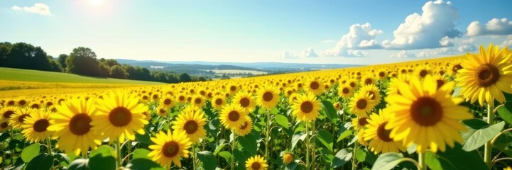 Large sunflower field in a sunny meadow with wild flowers, sunflower field, wild blooming flowers, meadow