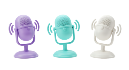 Trio of Pastel Microphones Lavender Teal and White with Soundwave Emanations.