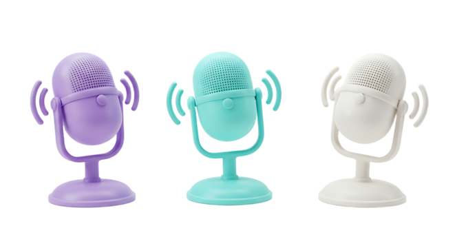 Trio of Pastel Microphones Lavender Teal and White with Soundwave Emanations.