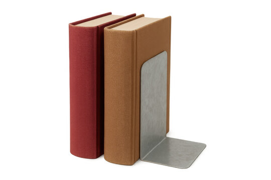 Hardcover books standing upright, supported by sleek metal bookend against transparent backdrop, showcasing contrasting colors