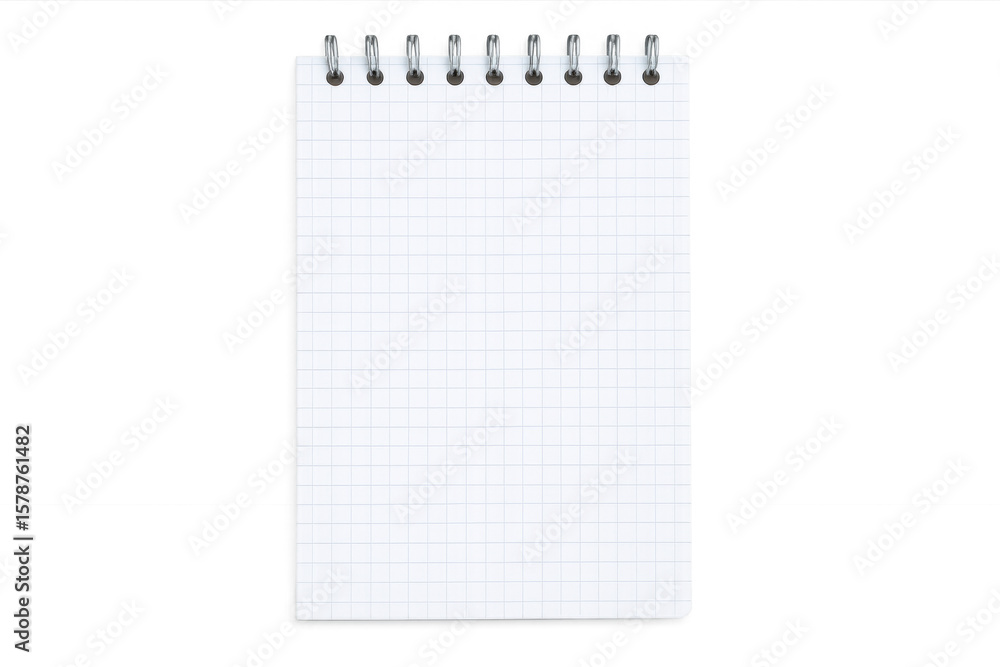 Poster blank spiral notepad with gridded paper, lying flat against transparent backdrop, offering clean wri