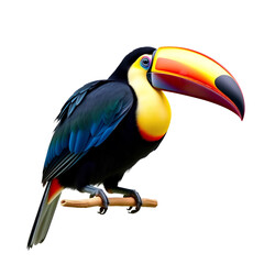 Fototapeta premium A Keel-billed Toucan, showingcasing its enormous, rainbow-colored beak, sitting on a perch, isolated on a white background, 1:1 aspect ratio, vibrant.