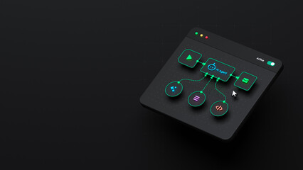 AI workflow automation artificial intelligence software interface nodes triggers data tool dashboard coding icon flow process technology 3d rendering.