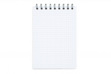 Blank spiral notepad with gridded paper, lying flat against transparent backdrop, offering clean writing surface for notes or sketches