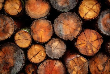 A large pile of round, cut trees stacked together, each log having the same size