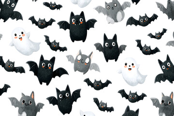Obraz premium Bat seamless pattern Halloween Dracula Vampire ghost cartoon illustration gift wrap white design. Ghost seamless pattern. Halloween spooky cartoon bat wing tile background