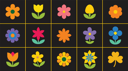 A grid of colorful stylized flowers on a black background with yellow borders
