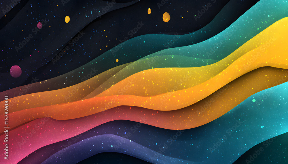 Poster bright gradient background it has a small grainy surface. abstract shapes black background colorful 