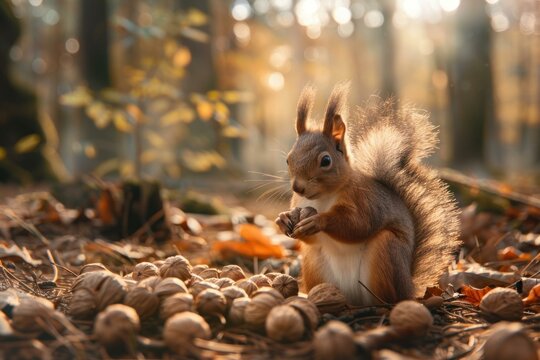 Eurasian red squirrel enjoying a nut in a forest during golden hour in autumn - Powered by Adobe