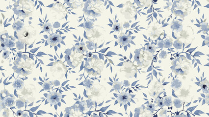 Floral pattern with blue and white flowers and leaves on a light background in a repeating design style