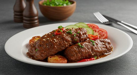 Close up of a plate with meat rolls covered in sauce and garnished with vegetables and herbs