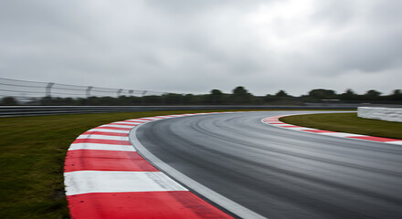Racing Track Curve: Wet Asphalt and Red/White Curb
