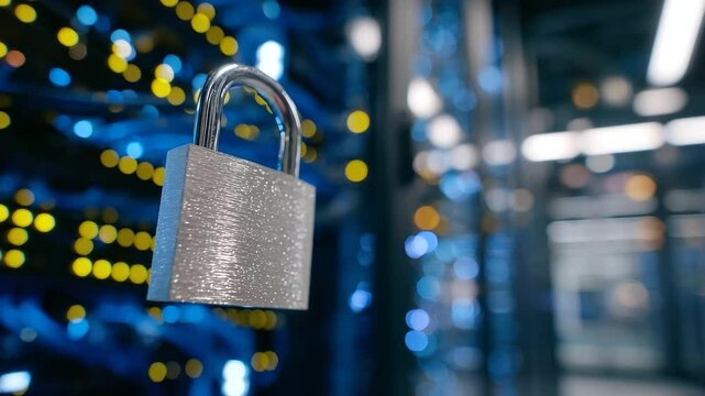 Close-up of a metallic padlock secured on a data server rack door, surrounded by glowing blue LED lights and intricate cabling, symbolizing robust cybersecurity in a modern data ce