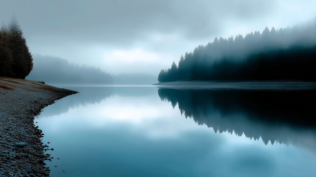 Misty lake with forest reflection