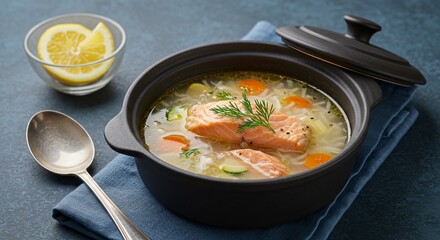 A bowl of salmon soup with carrots zucchini and dill served with lemon and a spoon on a blue cloth