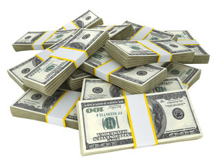 Stack of 100 dollar bills on transparent background. 3D illustration