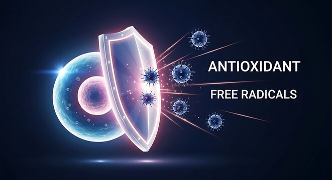 Antioxidant shield protecting cell from free radicals and pathogens in a dark backdrop