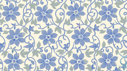 Repeating floral pattern with blue flowers and winding vines on a light background surface view