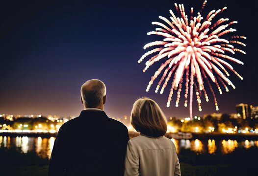 Back view portrait of a mature couple watching a fireworks together - Powered by Adobe