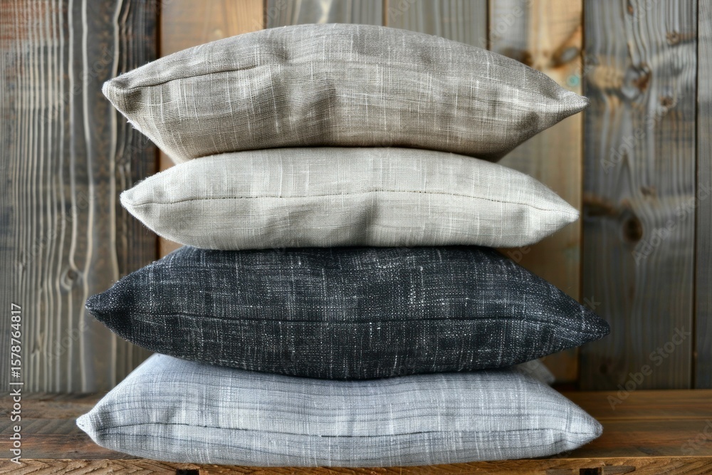Poster stack of four cushions in different colors and textures, resting on a wooden shelf against a rustic 