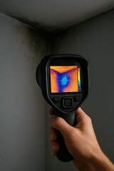 Infrared camera reveals cold moisture spot in ceiling corner