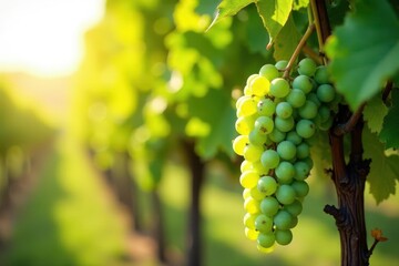 Sun-drenched green grapes hanging heavy on vine in vineyard , sunlit vineyard, wine grapes