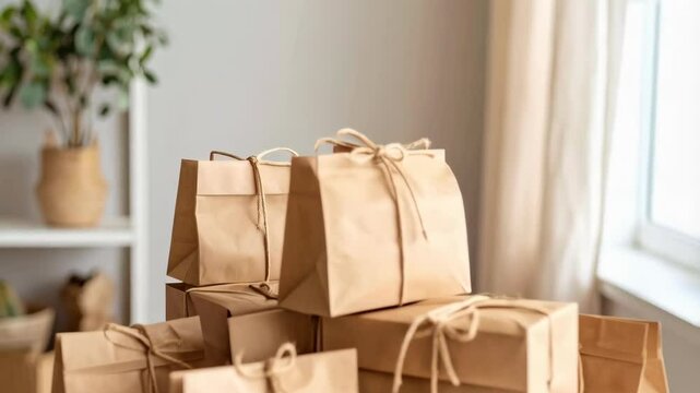 Pile of eco friendly brown paper bags and small wrapped packages tied with twine in a brightly lit room