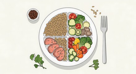 Balanced meal illustration with grains, protein, and vegetables on a partitioned plate