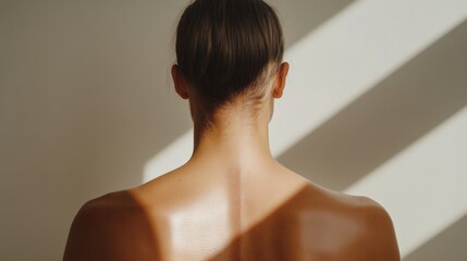 Close-Up view of an elegant back with soft skin highlighted by dramatic light and shadows creating a serene and artistic atmosphere