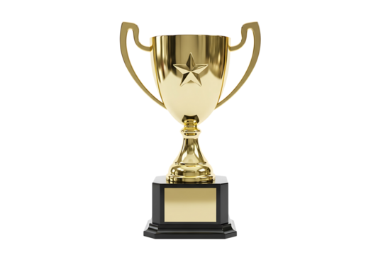Golden trophy with a star and blank plaque isolated on transparent background - Powered by Adobe