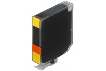 Black ink cartridge isolated on a transparent background, designed for seamless integration with inkjet printers and ready for immediate use
