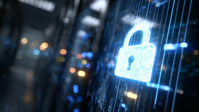Concept art of cybersecurity with binary code flowing into a locked padlock superimposed on server racks, creating a sense of encrypted, protected information