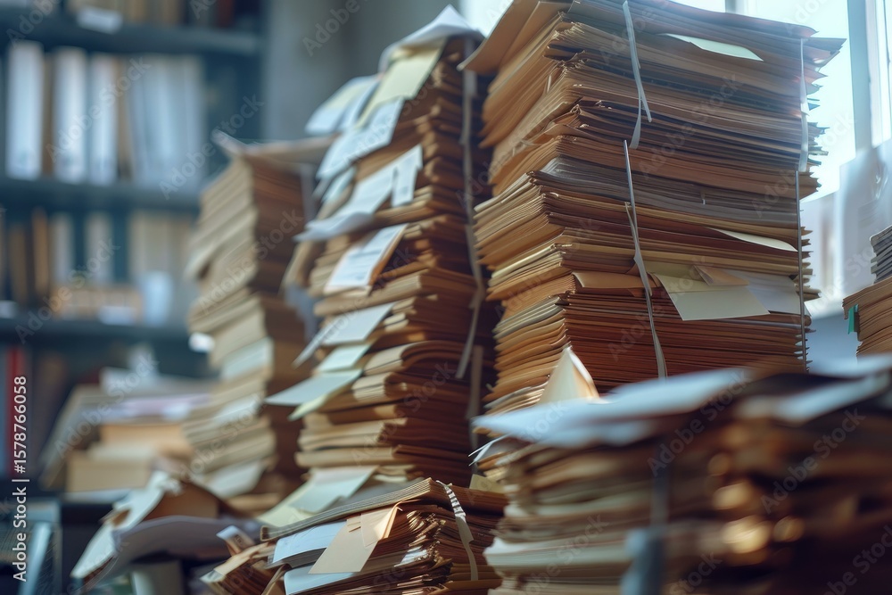 Poster stacks of old documents creating a messy office desk near a bookshelf